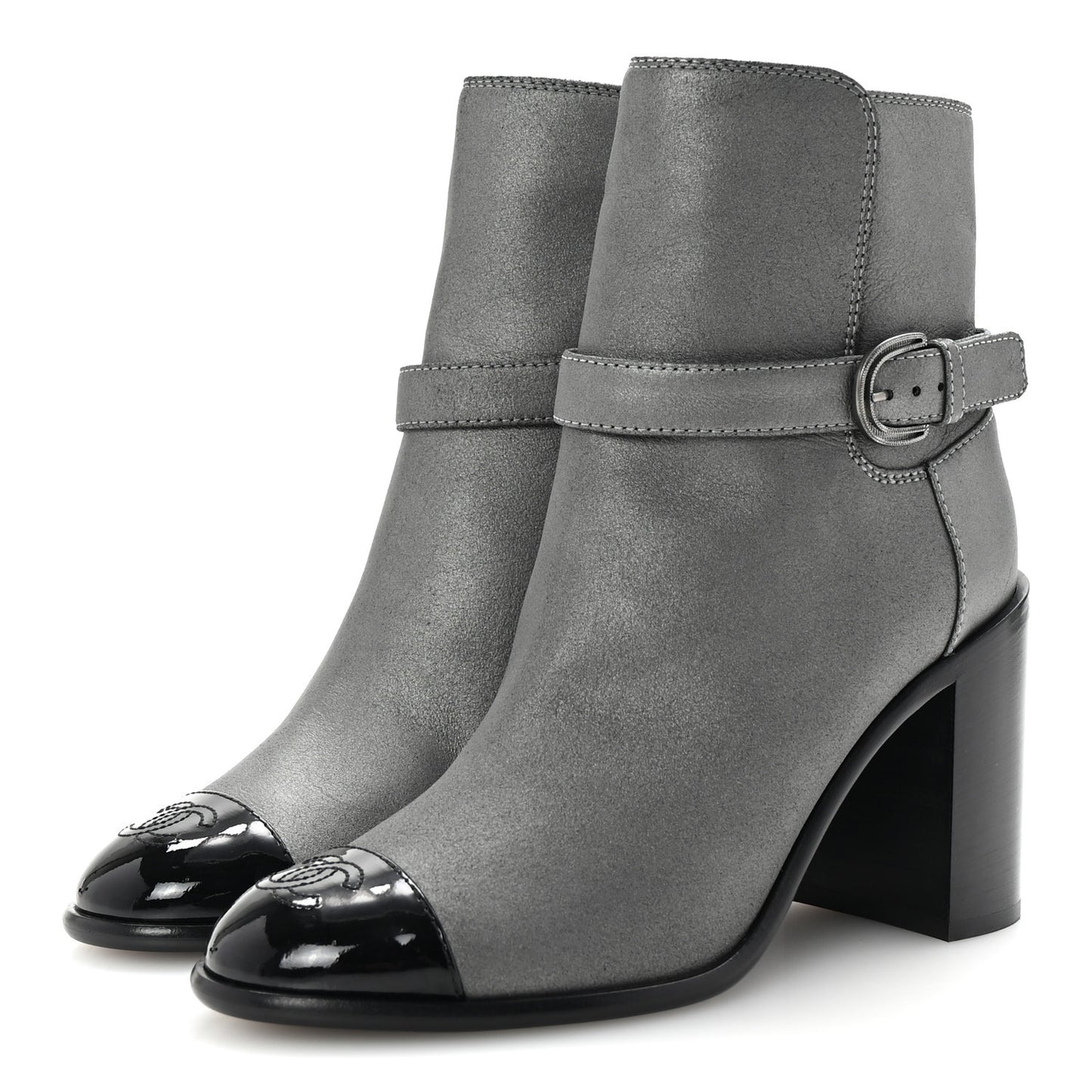 Suede Kidskin Patent Cap Toe Interlocking CC Ankle Boots 39 Dark Silver Black