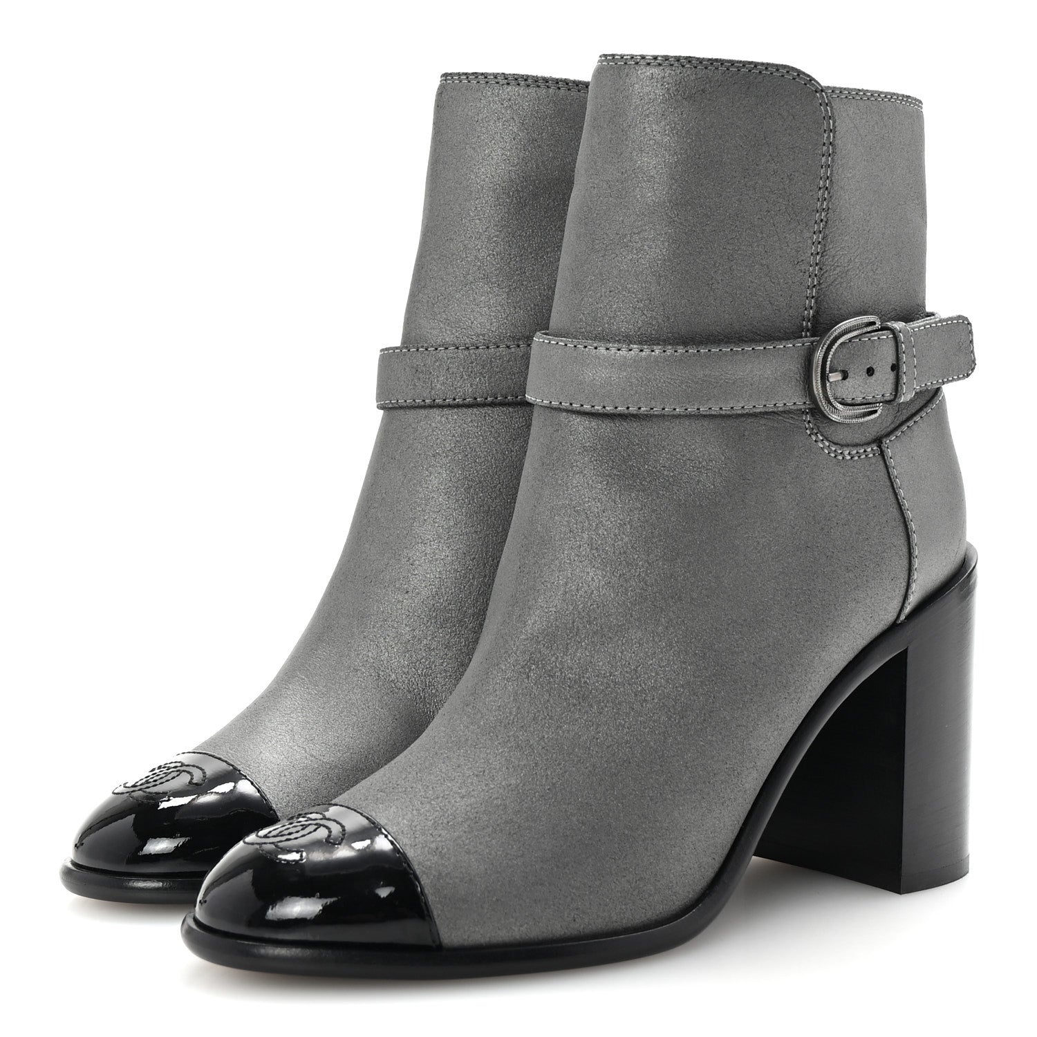 Chanel Suede Kidskin Patent Cap Toe Interlocking CC Ankle Boots 39 Dark Silver Black 4 of 10