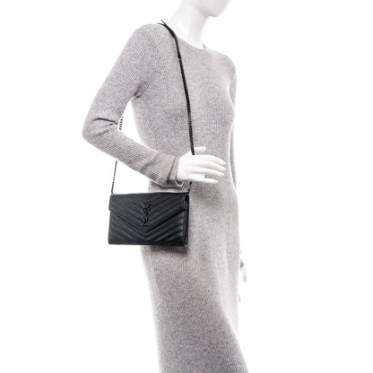 Saint Laurent Grain De Poudre Matelasse Chevron Monogram Chain Wallet Black 2 of 8