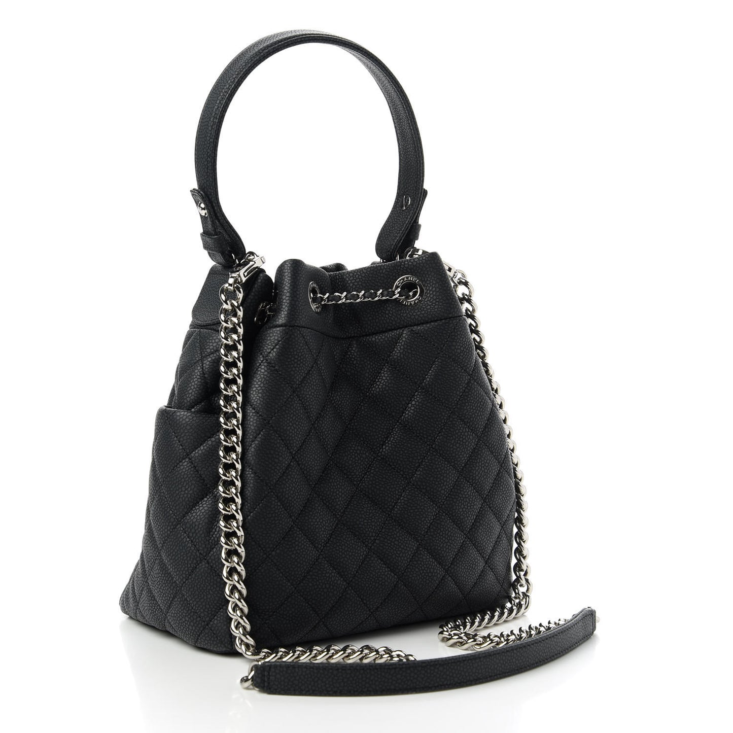 Caviar Flat Quilted CC Chain Bucket Drawstring Bag Black