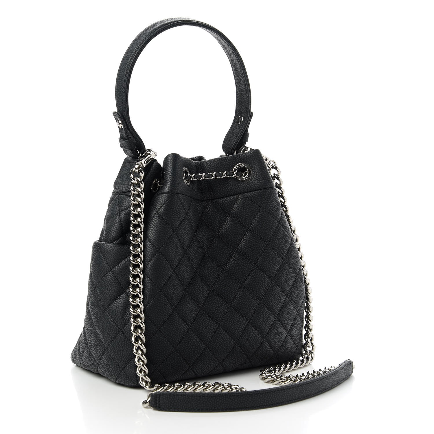 Chanel Caviar Flat Quilted CC Chain Bucket Drawstring Bag Black 3 of 11