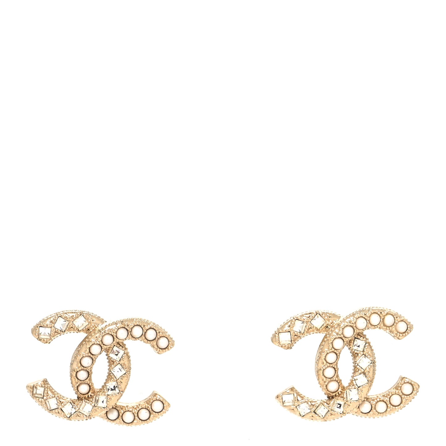 Pearl Crystal CC Stud Earrings Gold