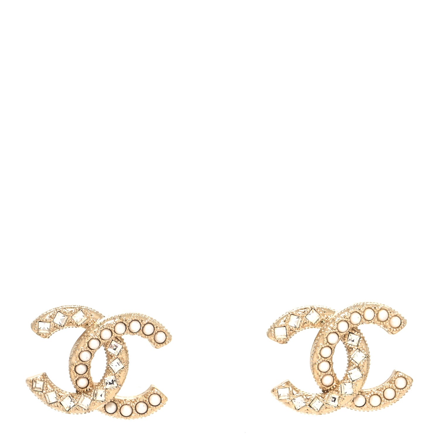 Chanel Pearl Crystal CC Stud Earrings Gold 1 of 4