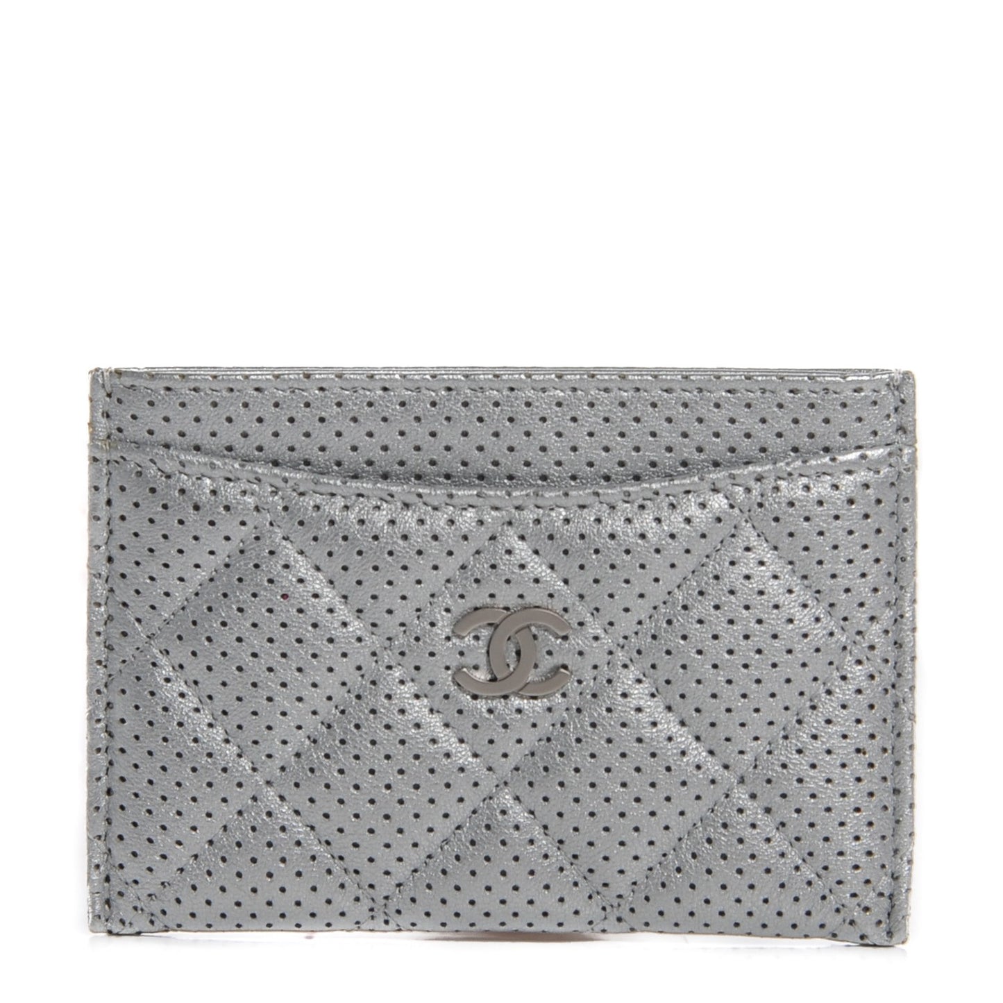 Perforated Lambskin Quilted Card Holder Light Silver