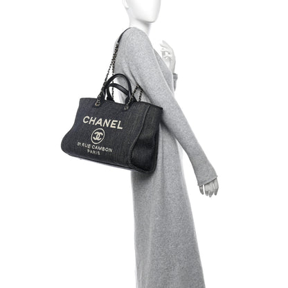 Chanel Denim Small Deauville Tote Dark Blue White 2 of 15