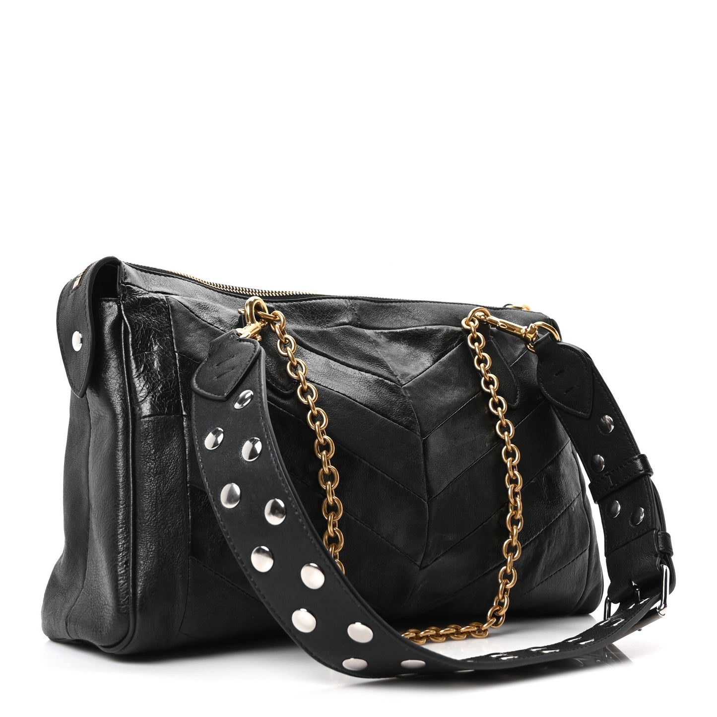 Shiny Nappa Crystal Chevron Patchwork Medium Panthea Bag Black