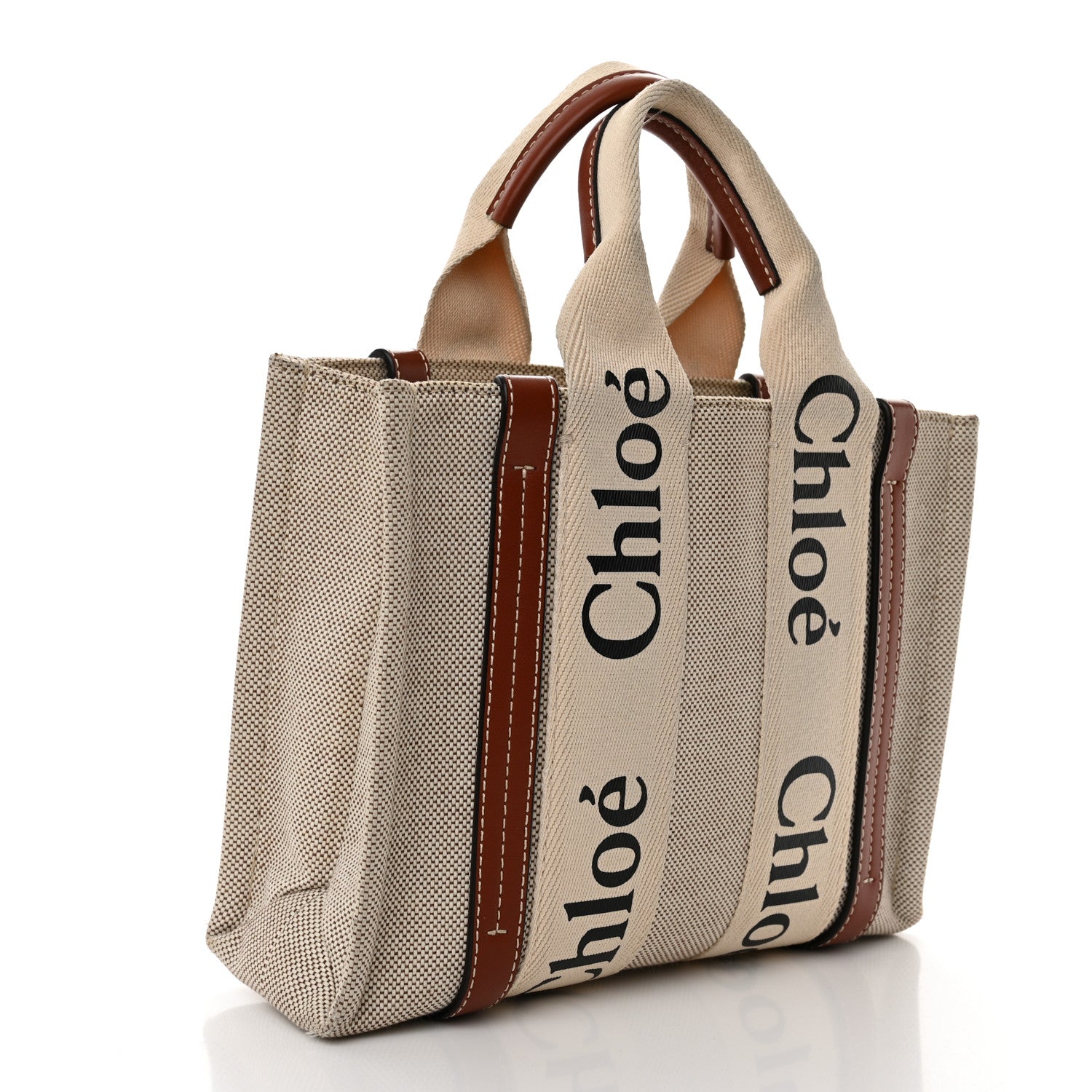 Chloe Cotton Calfskin Small Woody Ribbon Tote With Strap White Brown 3 of 10
