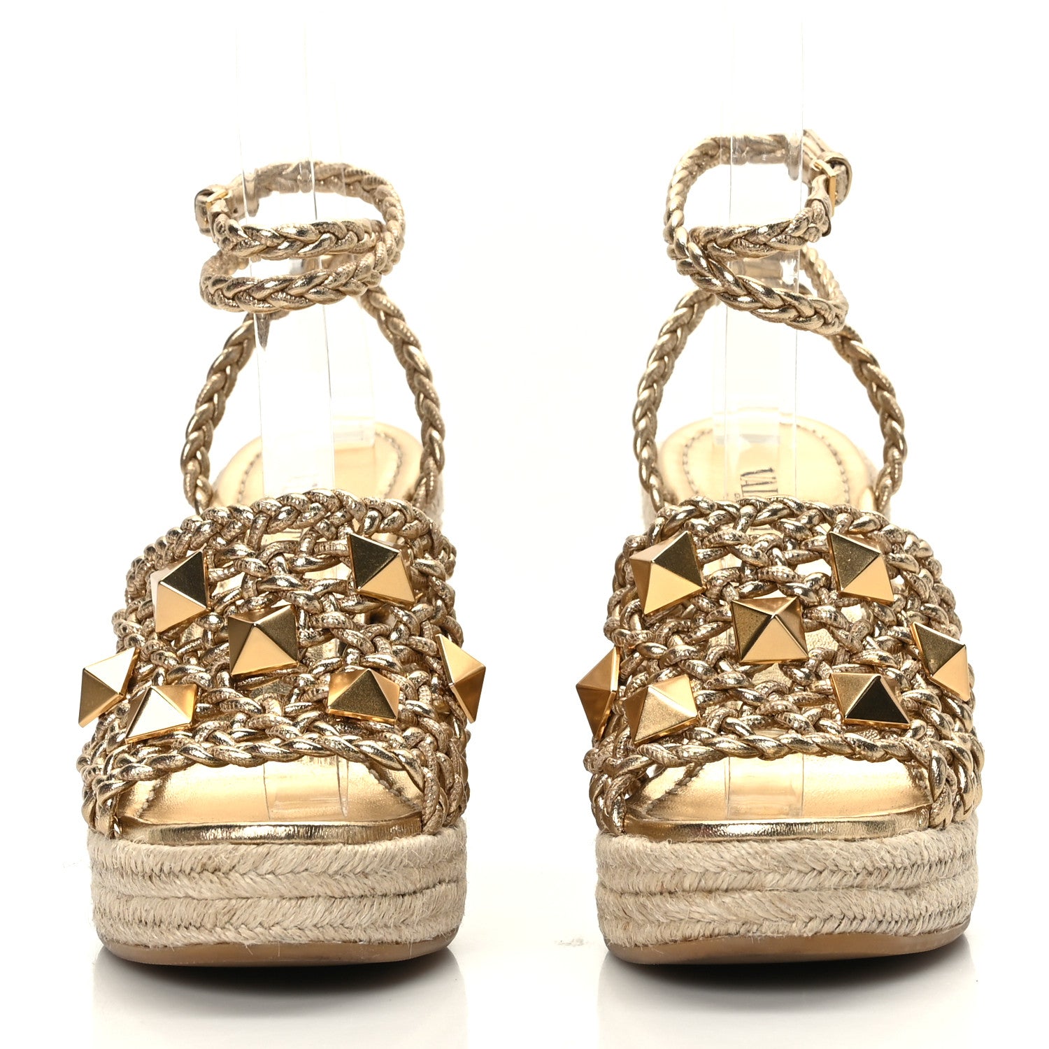 Valentino Garavani Metallic Nappa Woven Roman Stud Macrome Espadrille Wedge Ankle Wrap Sandals 35 Star Gold 2 of 7