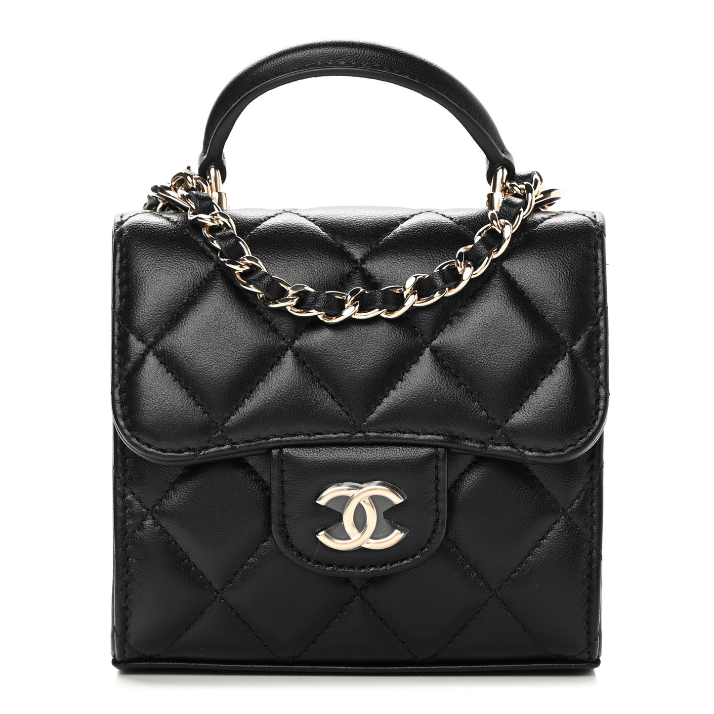 Lambskin Quilted Top Handle Flap Clutch With Chain Black