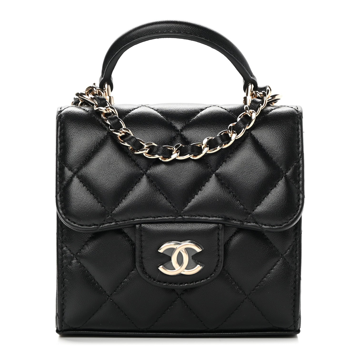 Chanel Lambskin Quilted Top Handle Flap Clutch With Chain Black 1 of 12