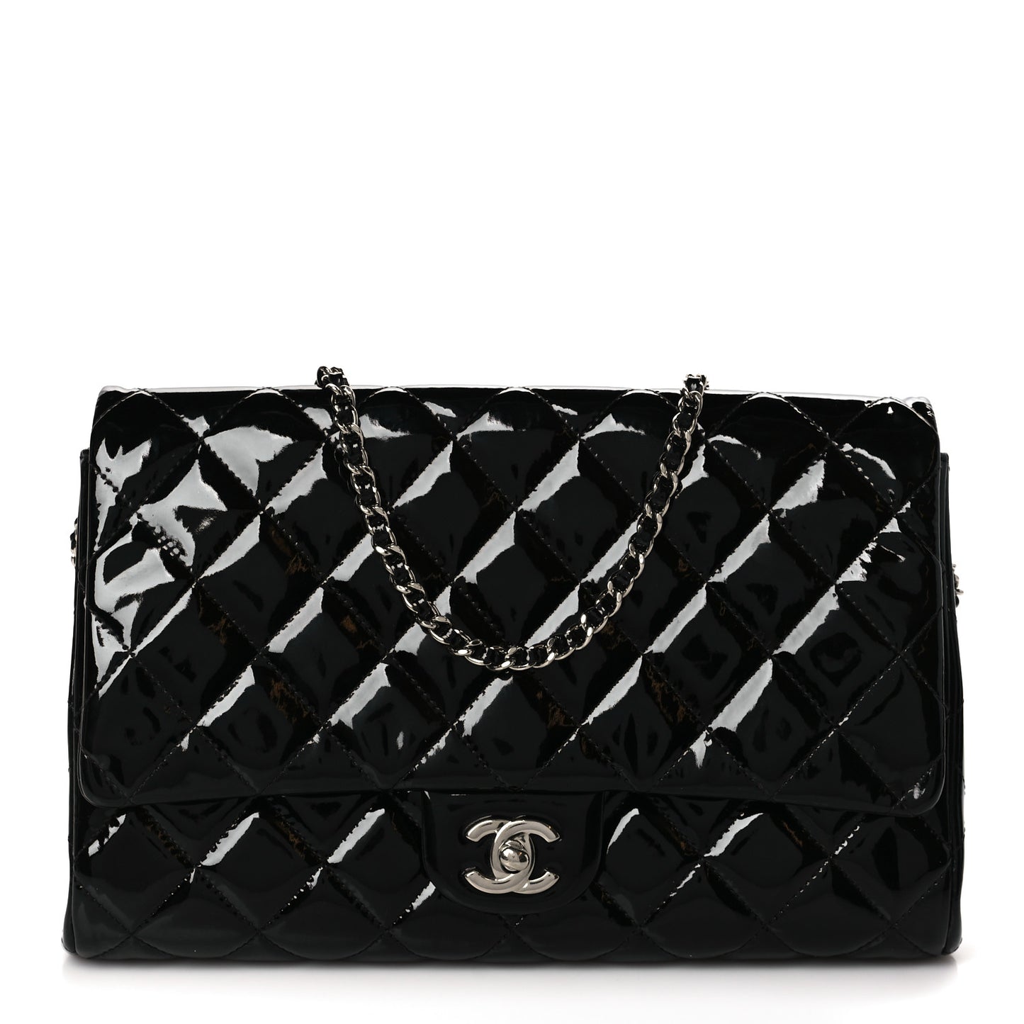 Patent Quilted Clutch with Chain Flap Black