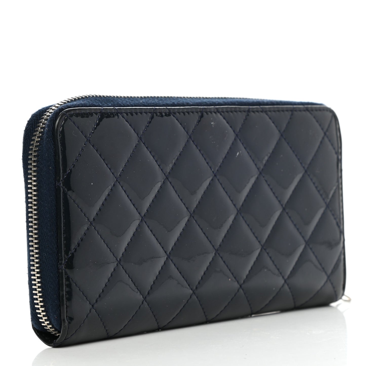 Patent Calfskin Quilted Large Gusset Zip Around Wallet Blue