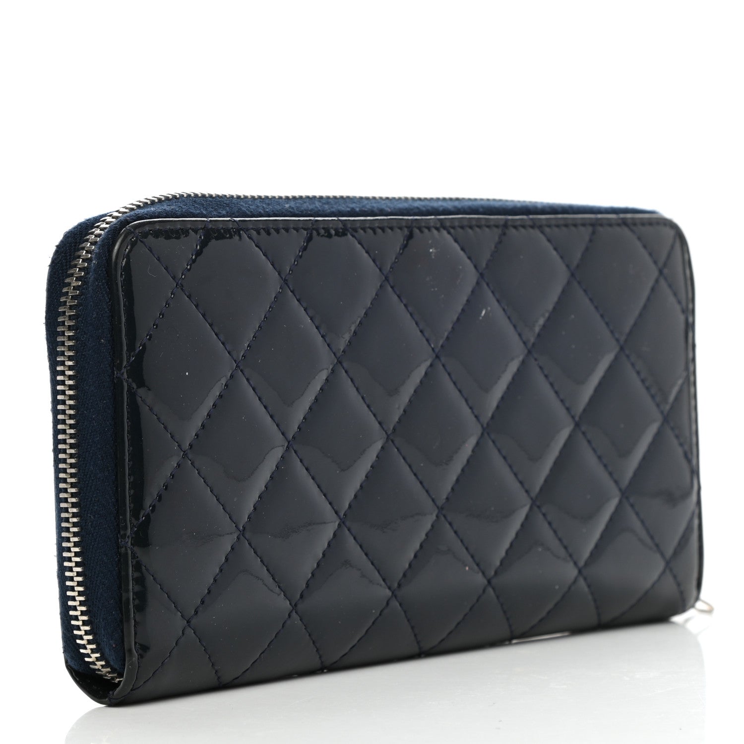 Chanel Patent Calfskin Quilted Large Gusset Zip Around Wallet Blue 3 of 12
