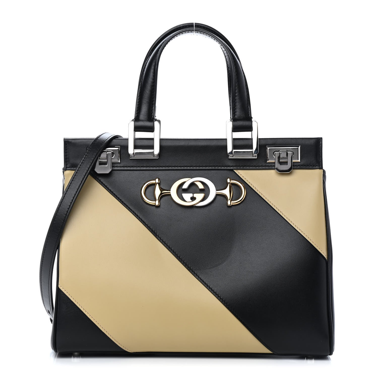 Gucci Smooth Calfskin Diagonal Striped Small Zumi Top Handle Bag Black Beige 1 of 9