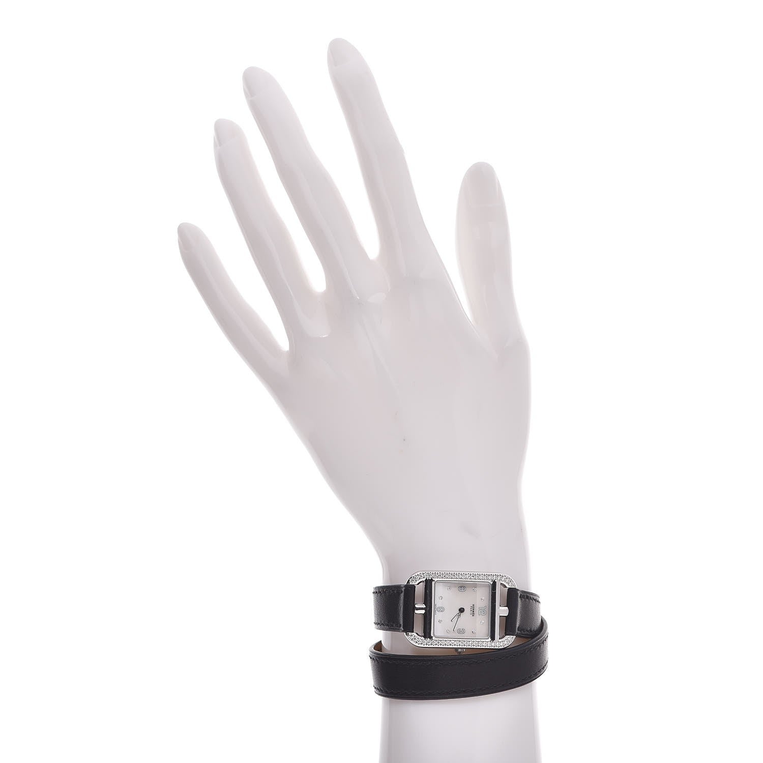 Hermes Stainless Steel Barenia Diamond Bezel Mother of Pearl 23mm Cape Cod Double Tour Quartz Watch Noir 2 of 10