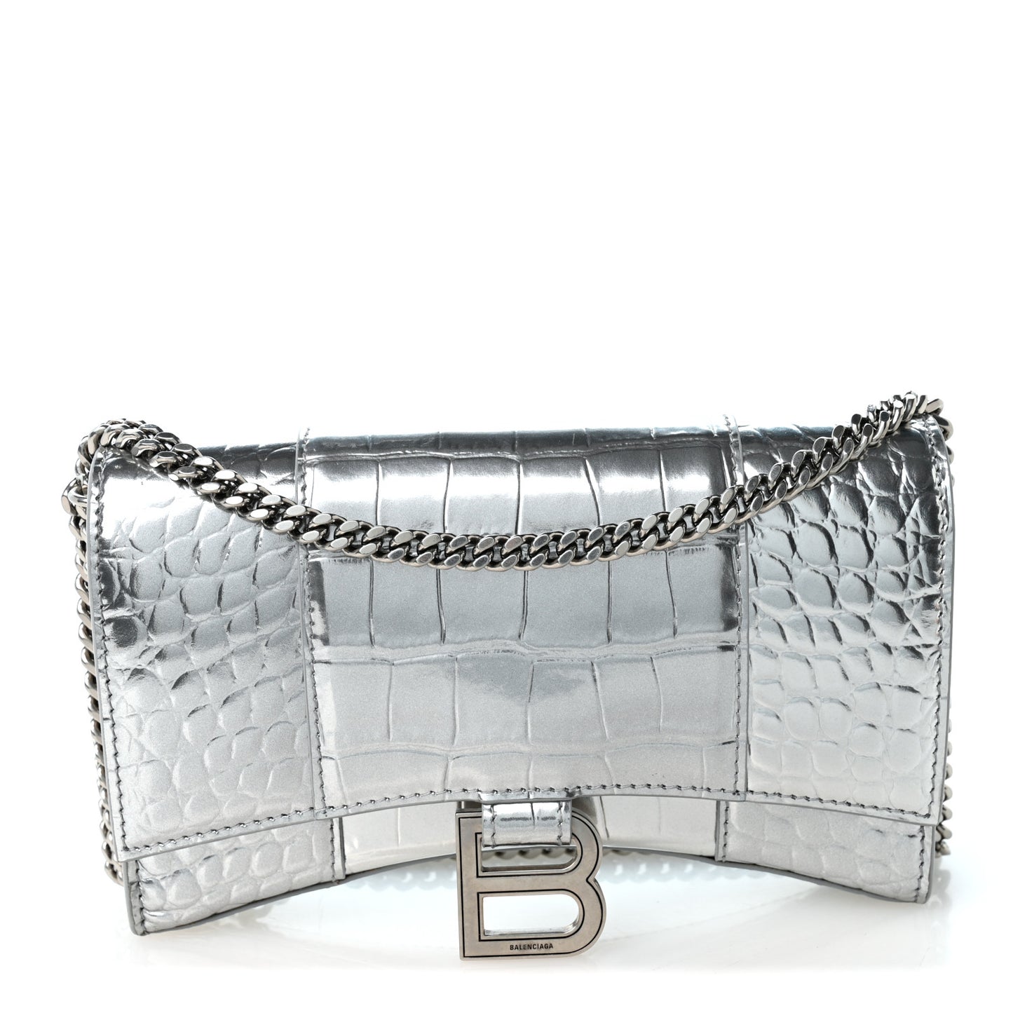 Metallic Calfskin Crocodile Embossed Hourglass Chain Bag Silver