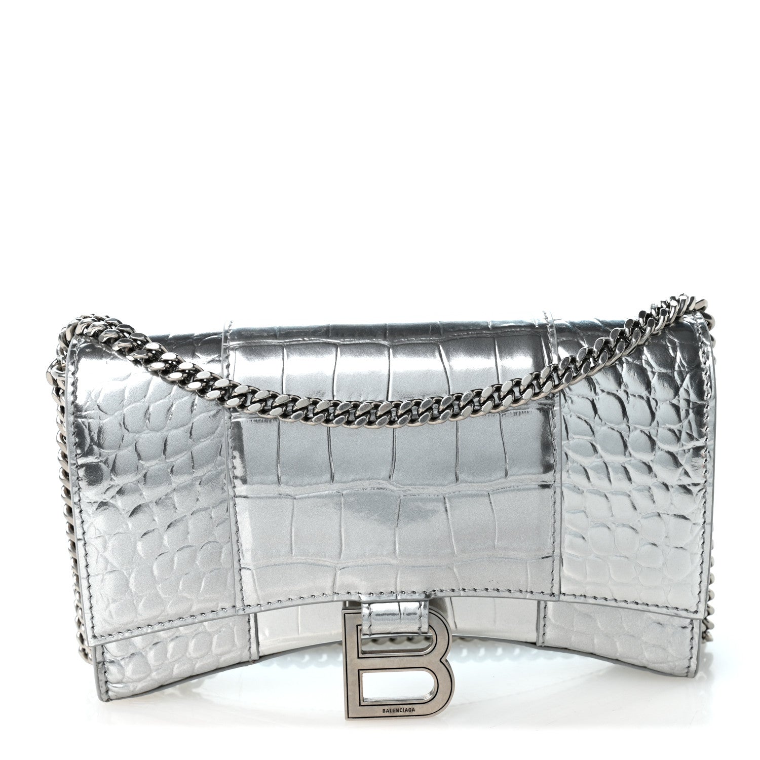 Balenciaga Metallic Calfskin Crocodile Embossed Hourglass Chain Bag Silver 1 of 10
