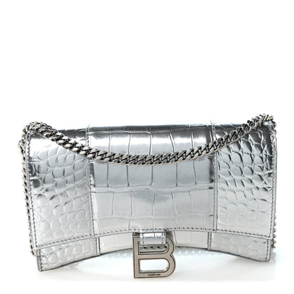 Balenciaga Metallic Calfskin Crocodile Embossed Hourglass Chain Bag Silver 1 of 10