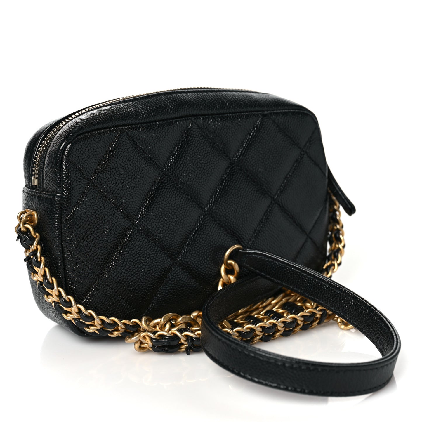 Shiny Caviar Quilted Chain Melody Camera Bag Black