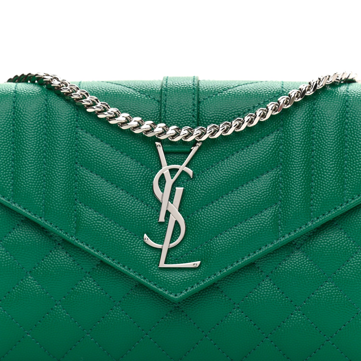 Saint Laurent Grain De Poudre Mixed Matelasse Triquilt Monogram Chain Wallet Green Field 6 of 9
