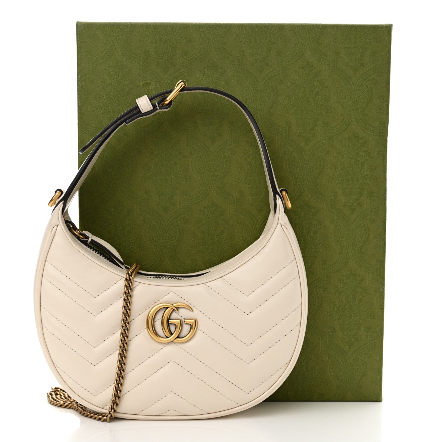 Gucci Calfskin Matelasse Chevron Mini GG Marmont Half Moon Hobo Mystic White 13 of 13