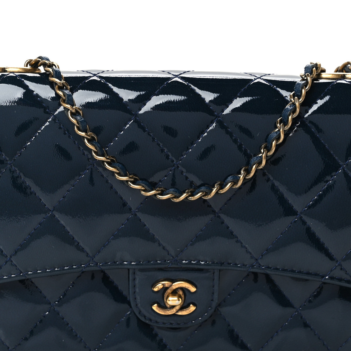 Patent Goatskin Quilted CC Eyelet Wallet On Chain WOC Blue