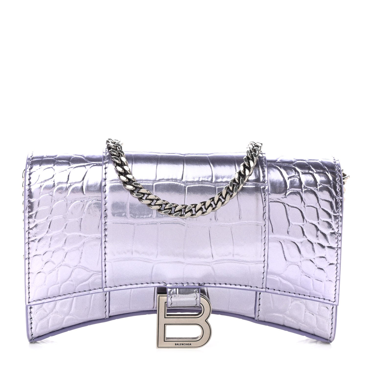 Balenciaga Shiny Metallic Calfskin Crocodile Embossed Hourglass Chain Bag Lilac 1 of 9