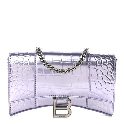 Balenciaga Shiny Metallic Calfskin Crocodile Embossed Hourglass Chain Bag Lilac 1 of 9