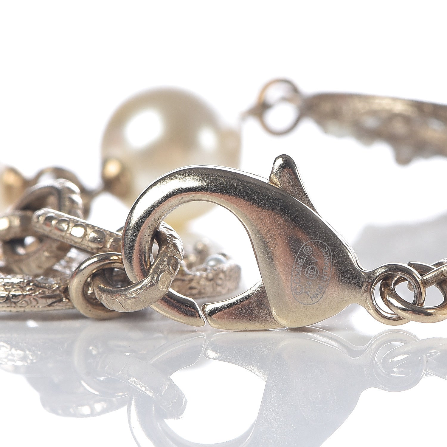 Chanel Swarovski Crystal Pearl Camellia CC Bracelet Gold 4 of 4