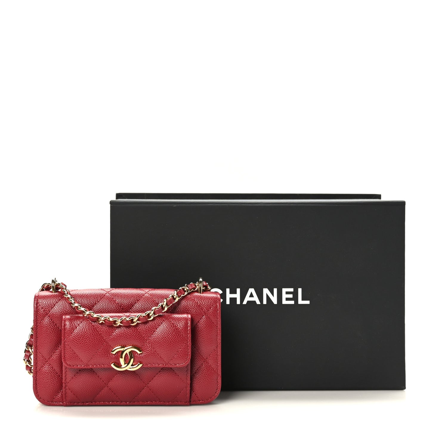 Caviar Quilted Pocket Twins Clutch With Chain Burgundy