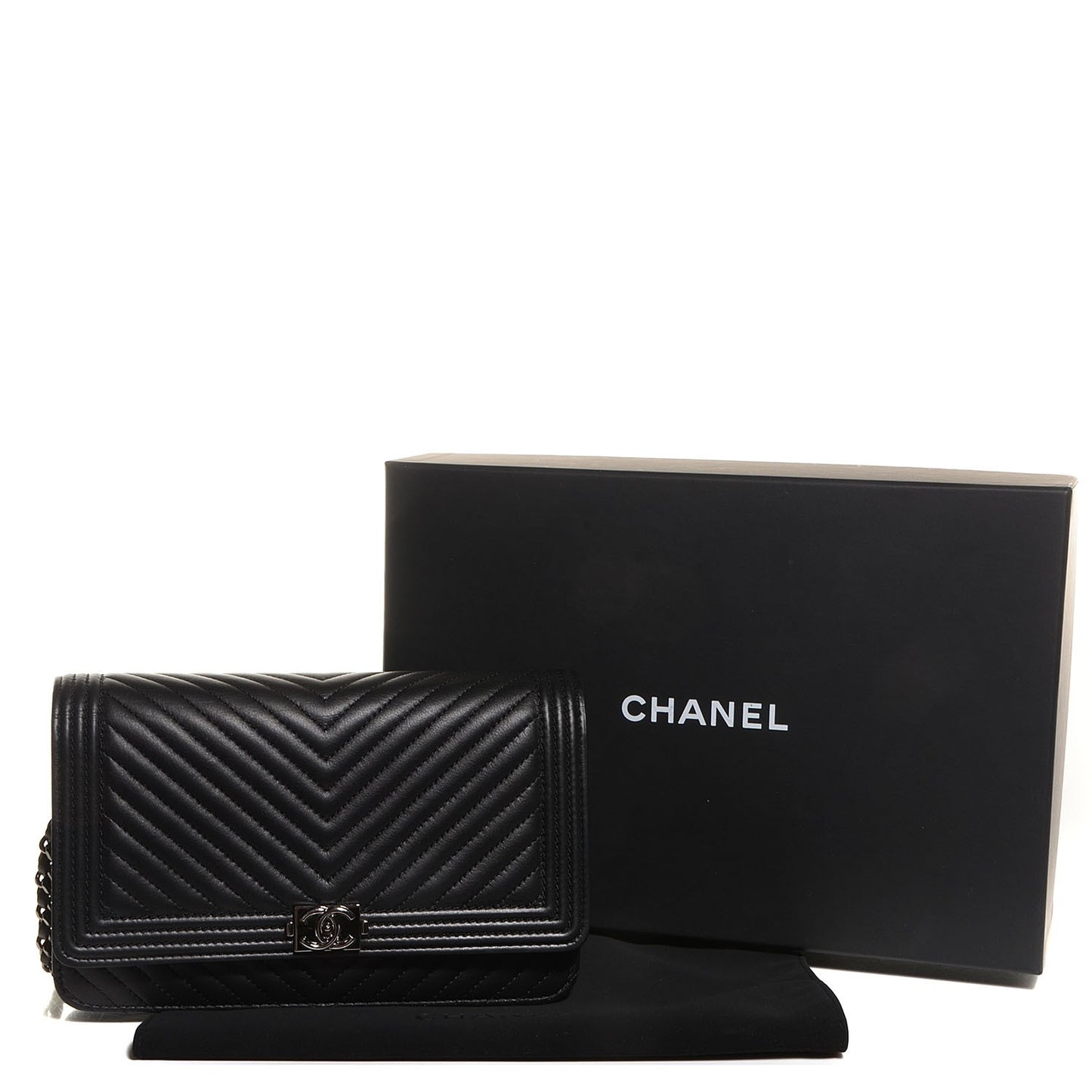 Metallic Calfskin Chevron Boy Wallet On Chain WOC Black