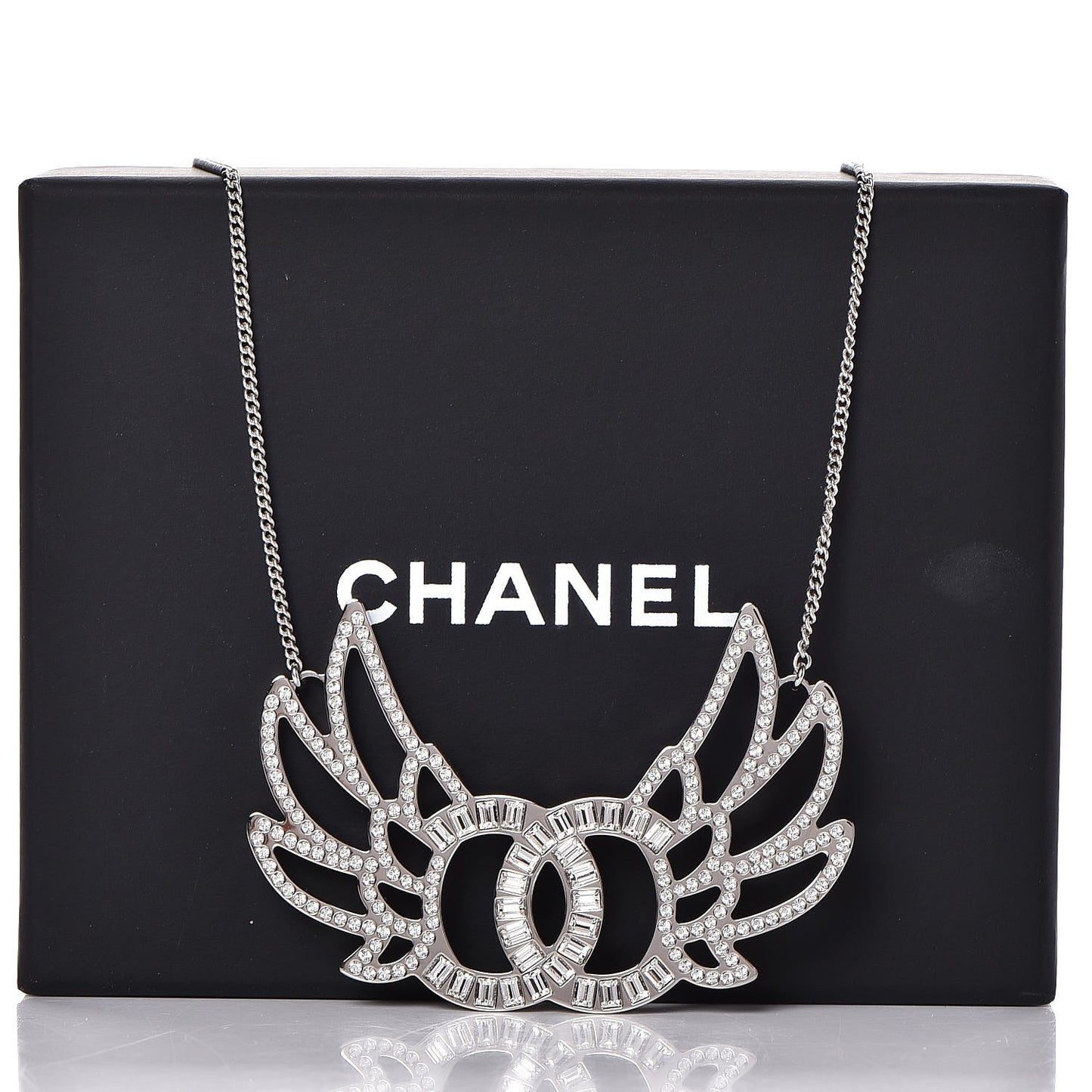 Baguette Crystal Winged CC Necklace Silver