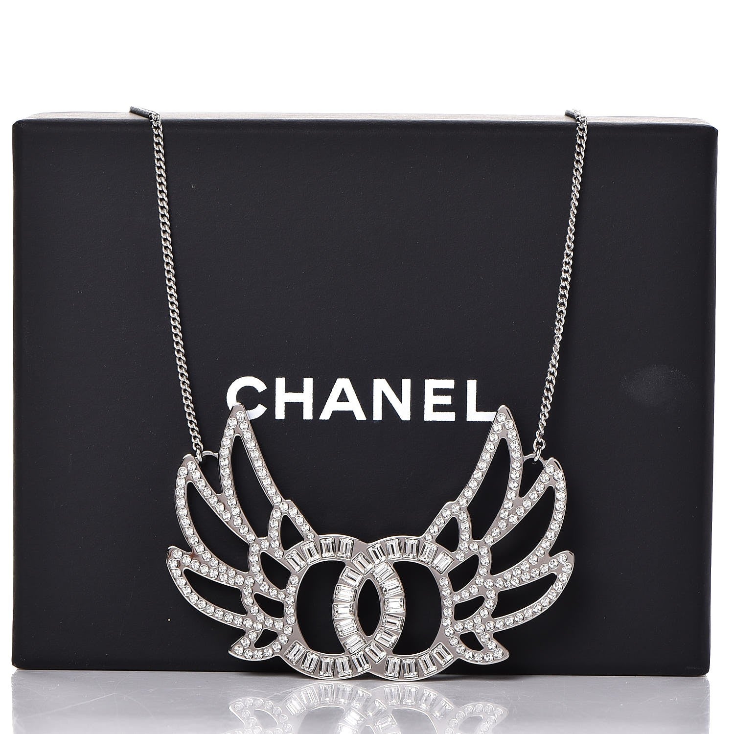Chanel Baguette Crystal Winged CC Necklace Silver 6 of 6