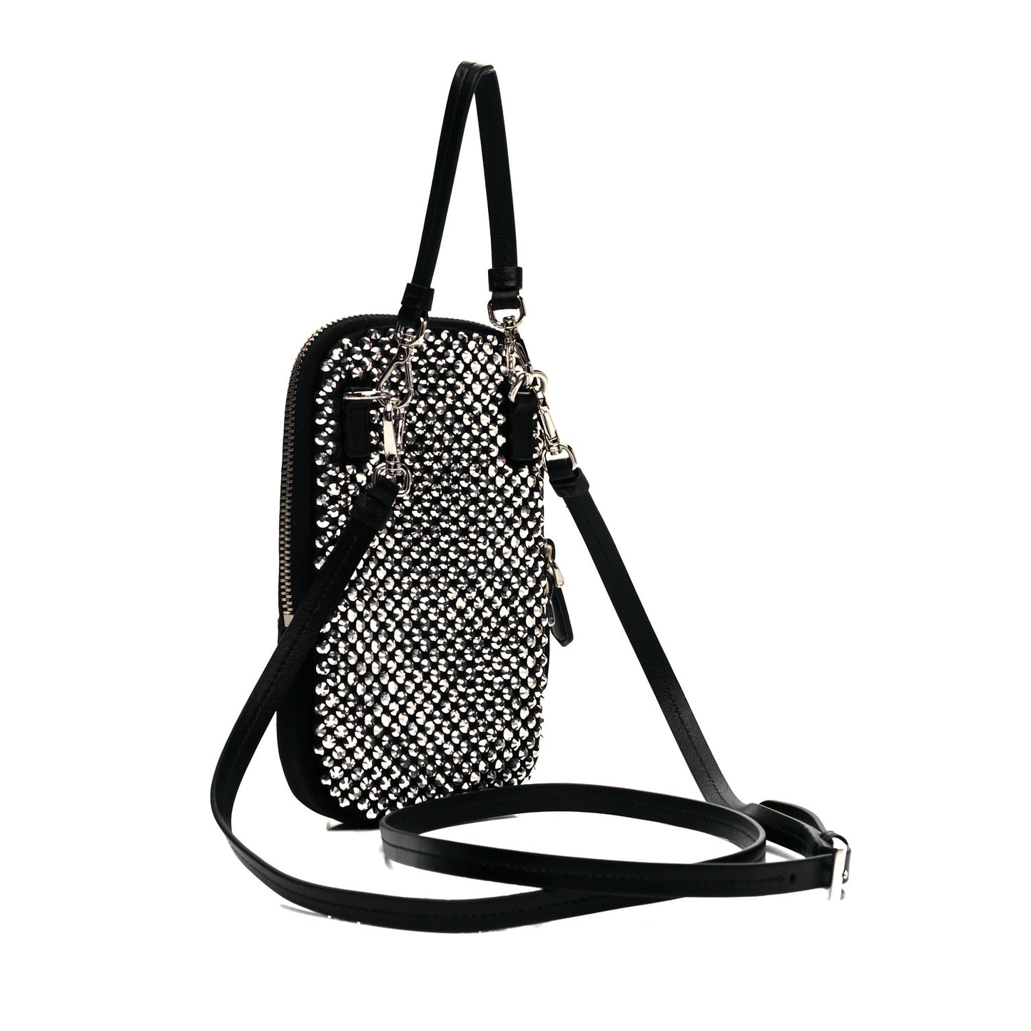 Satin Crystal Zip Phone Case Crossbody Bag Black