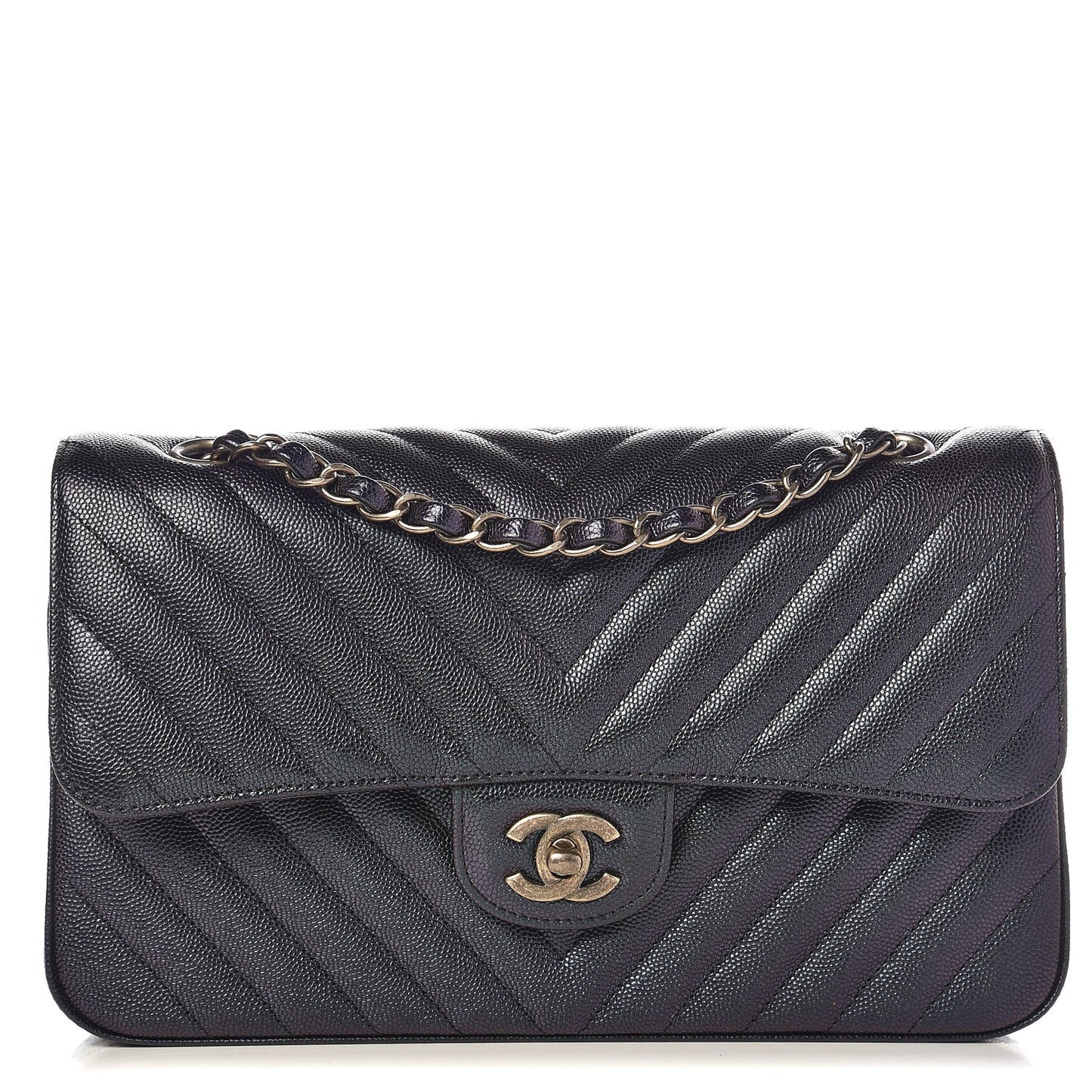 Iridescent Caviar Chevron Quilted Medium Double Flap Black
