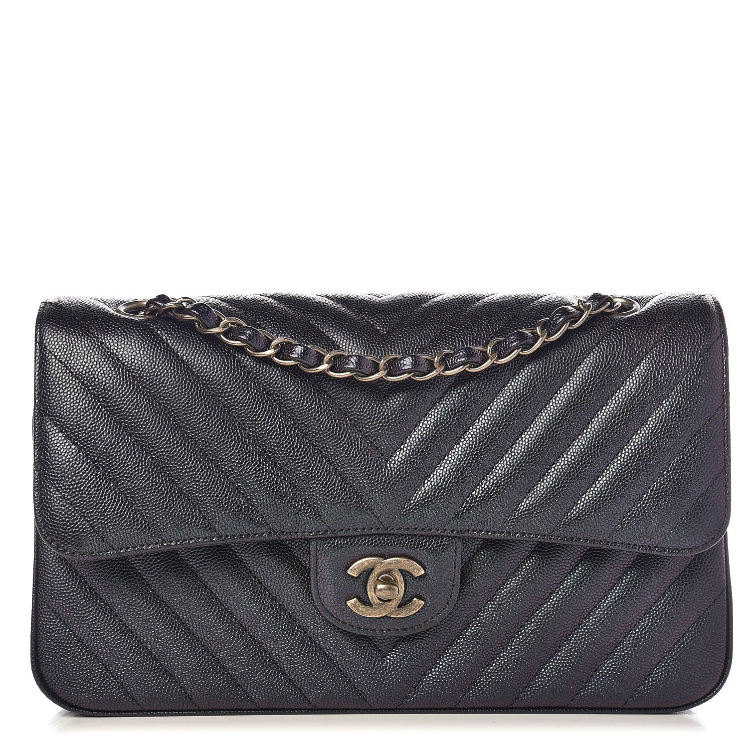 Chanel Iridescent Caviar Chevron Quilted Medium Double Flap Black 1 of 7