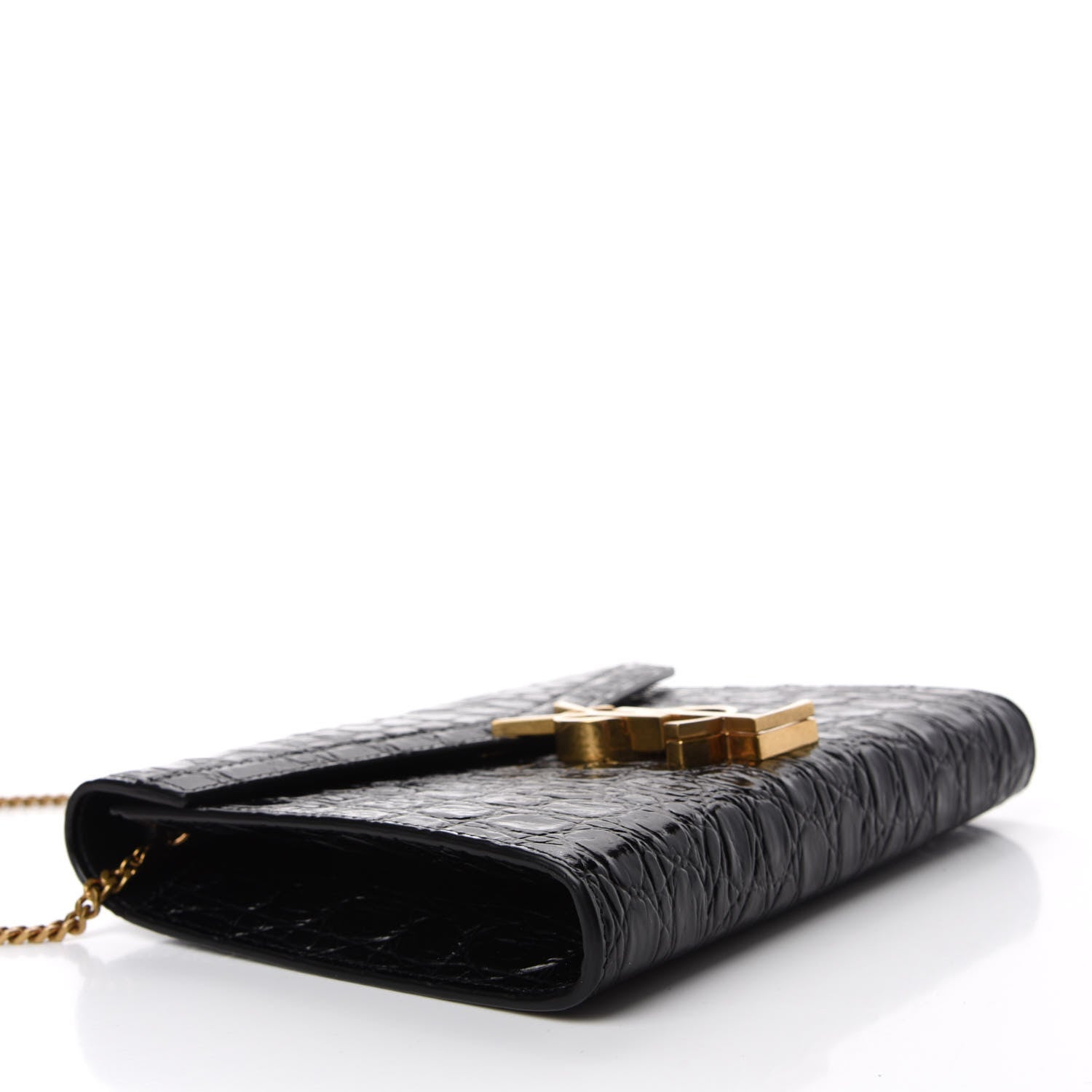 Saint Laurent Calfskin Crocodile Embossed Monogram Cassandra Chain Wallet Black 4 of 10