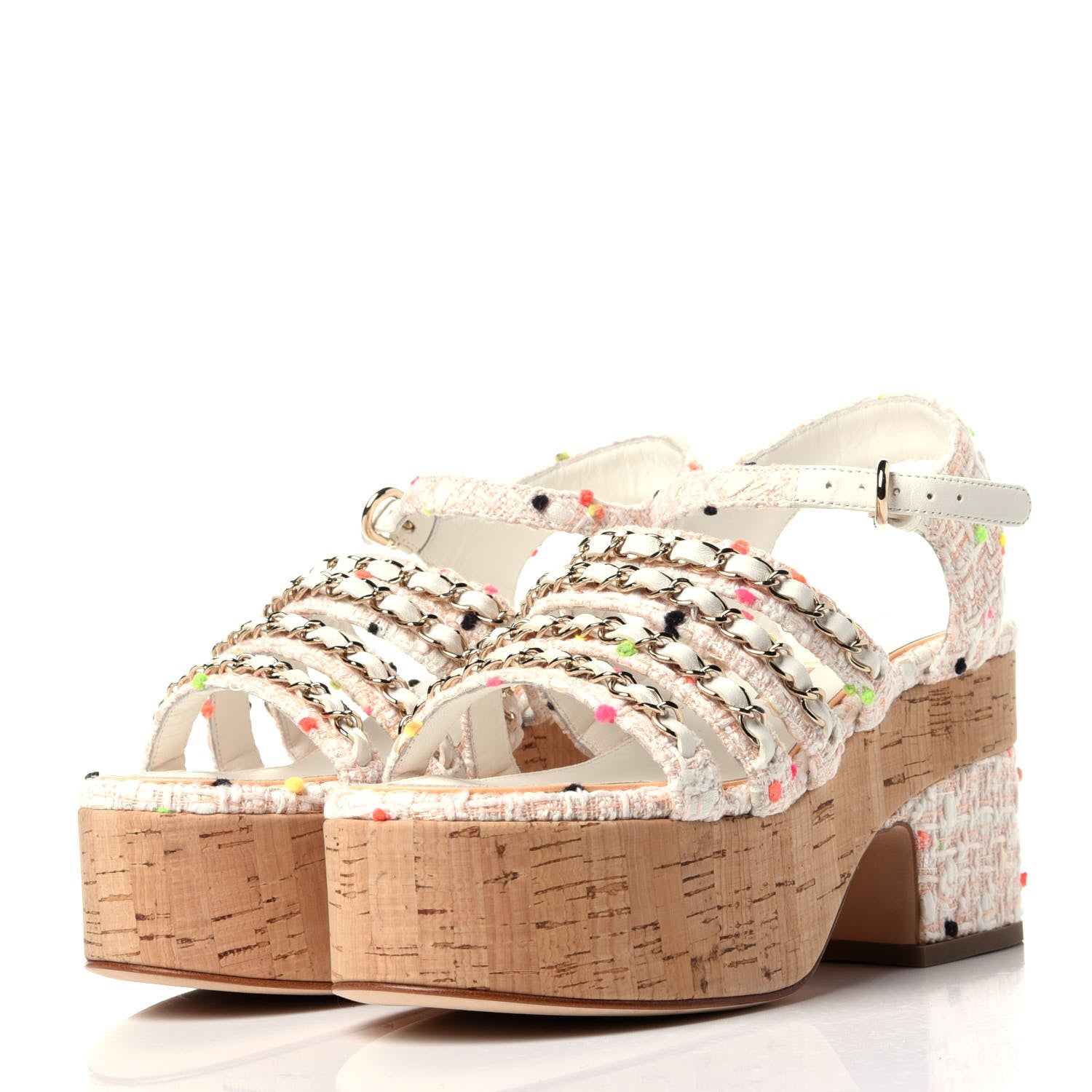 Chanel Tweed Chain Platform Sandals 35 Coral White 3 of 12