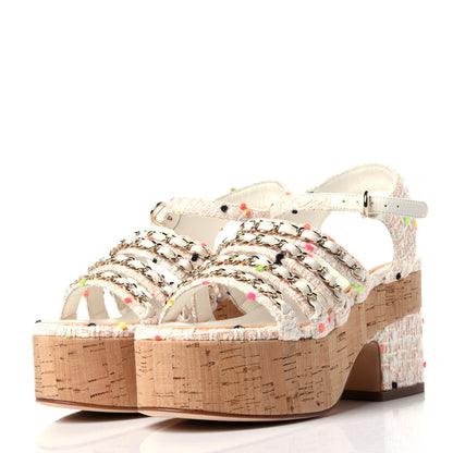 Chanel Tweed Chain Platform Sandals 35 Coral White 3 of 12