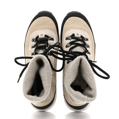 Chanel Suede Calfskin Knit CC High Top Lace Up Sneakers 40 Ivory Light Gray 2 of 11