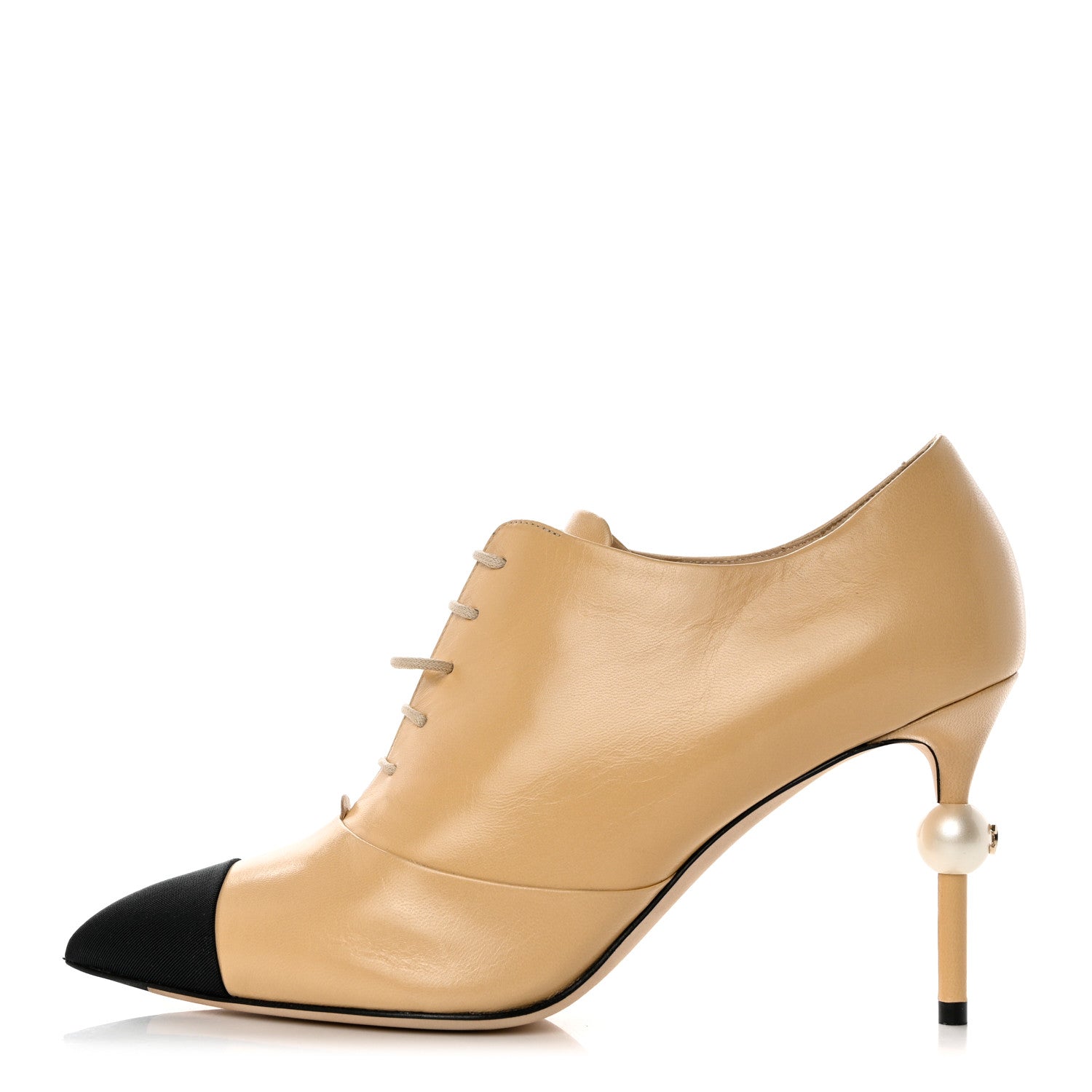Chanel Goatskin Lace Up Cap Toe Booties 39.5 Beige Black 1 of 9