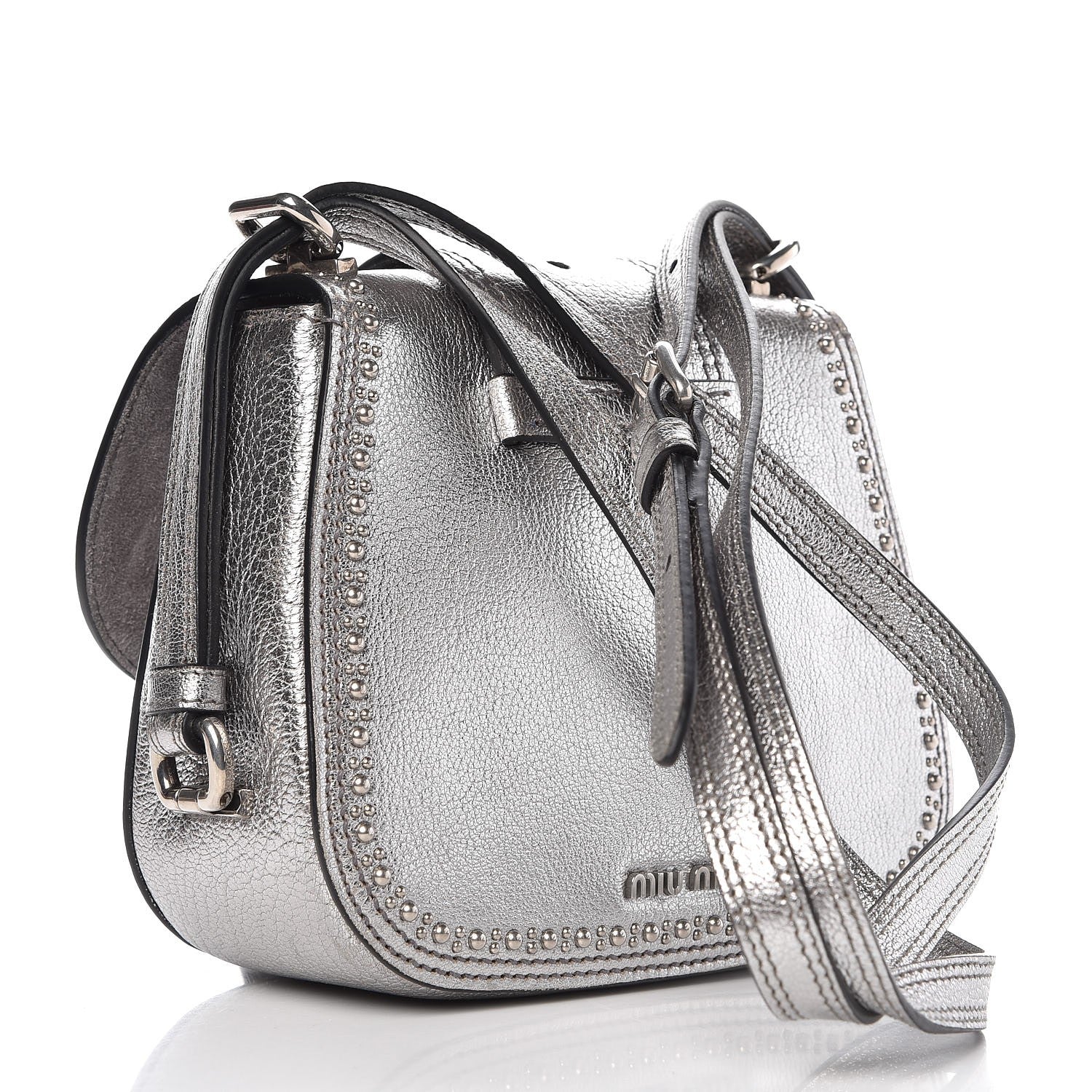 Miu Miu Metallic Goatskin Madras Stud Embellished Buckle Dahlia Shoulder Bag Chrome 3 of 8