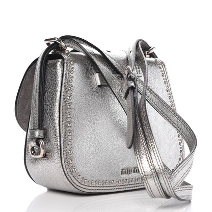 Miu Miu Metallic Goatskin Madras Stud Embellished Buckle Dahlia Shoulder Bag Chrome 3 of 8