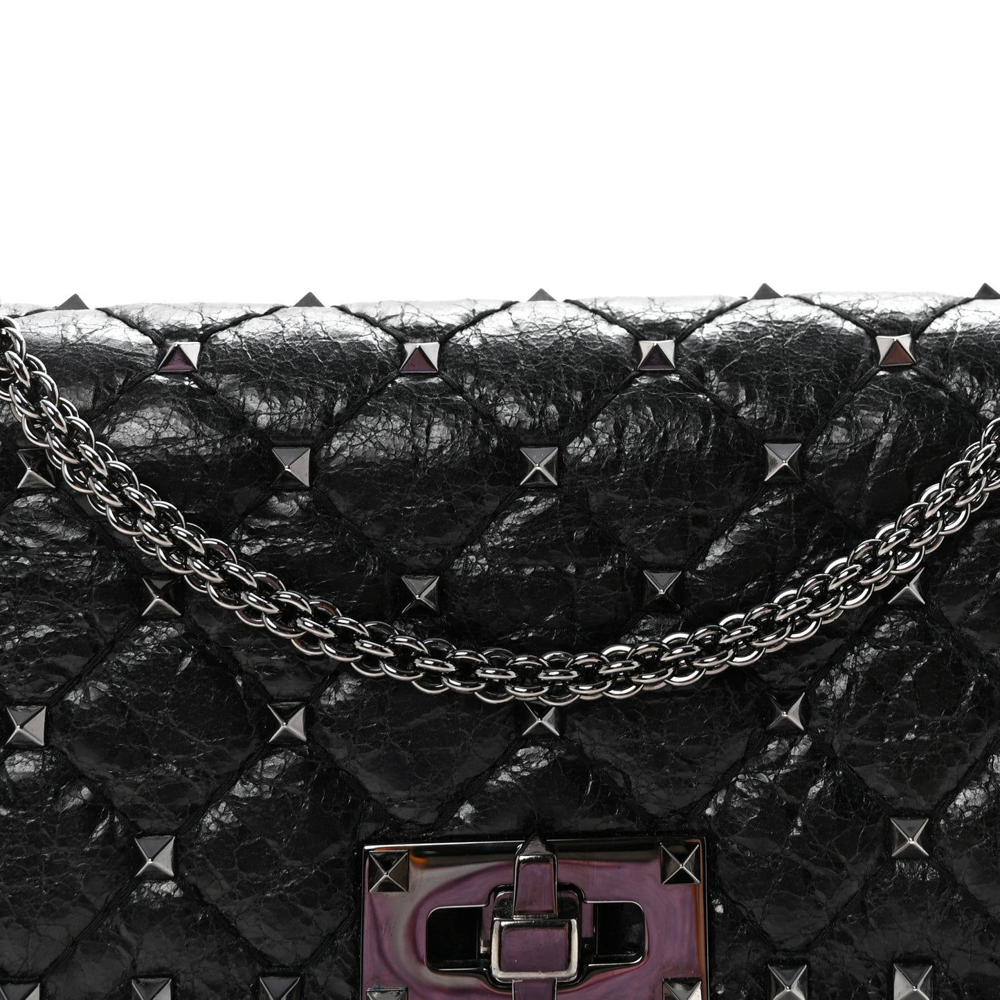 Craquele Nappa Rockstud Spike Wallet on Chain Black