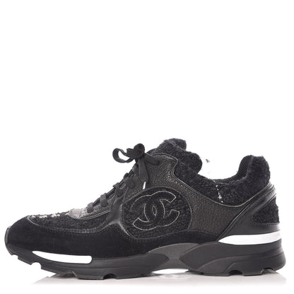 Chanel Tweed Suede Goatskin CC Sneakers 38 Black White 1 of 16