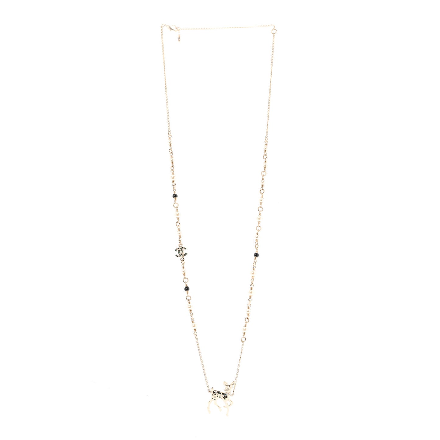 Pearl Crystal CC Deer Long Necklace Gold Green