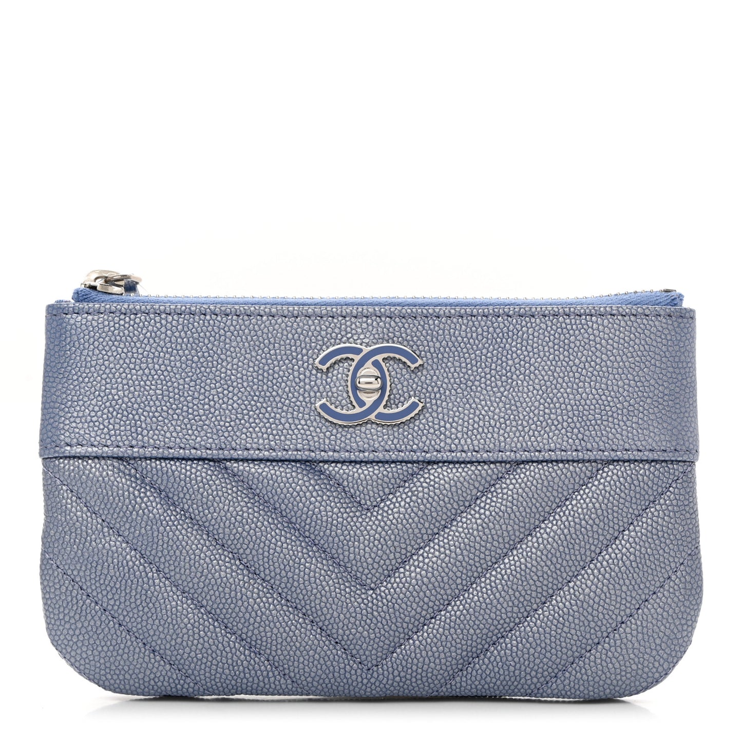Metallic Caviar Chevron Quilted Small Vintage Mademoiselle Cosmetic Case Blue