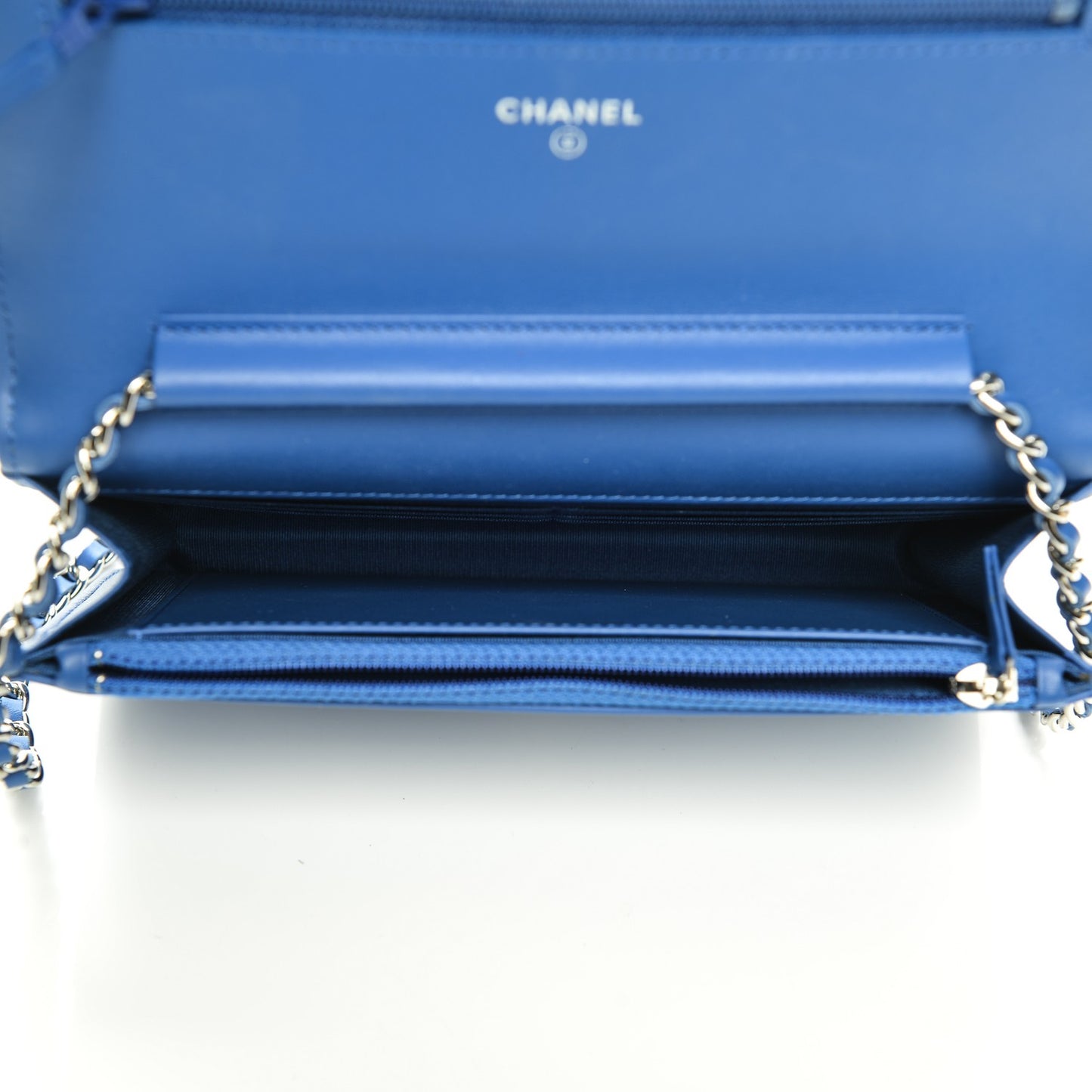 Patent Calfskin Quilted Boy Wallet On Chain WOC Dark Blue