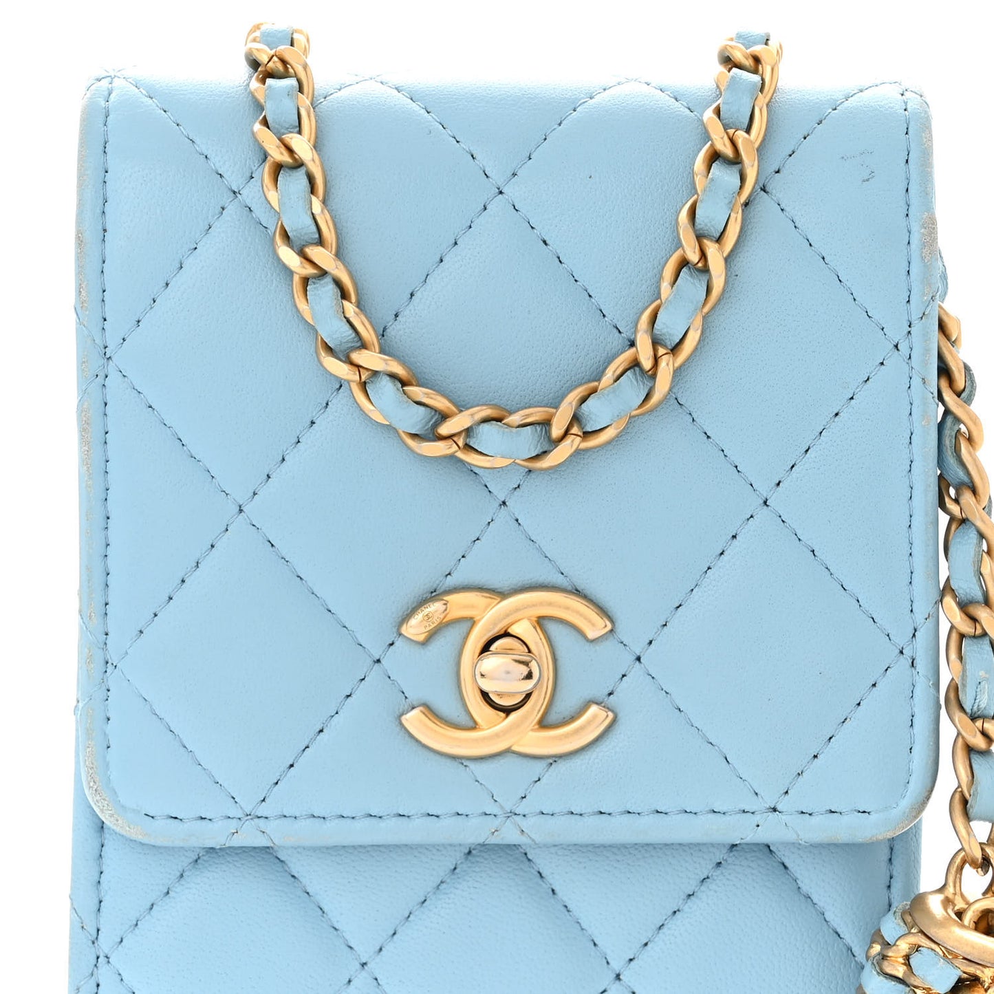 Lambskin Quilted Pearl Crush Phone Holder With Chain Light Blue