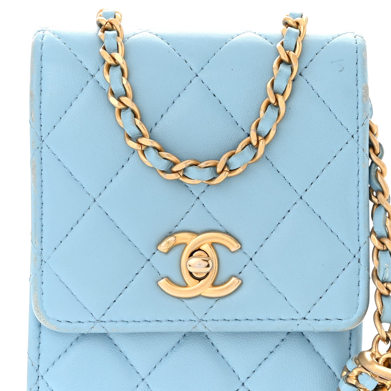 Chanel Lambskin Quilted Pearl Crush Phone Holder With Chain Light Blue 9 of 14